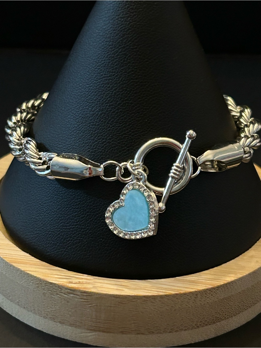 Ella 4mm Silver Rope Bracelet with Blue Heart 🩵 Charm and Toggle Clasp 8” Inches